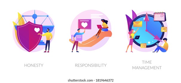 Personal and professional skills icons set. Honesty, responsibility, time management metaphors. Personnel training, employee coaching. Vector isolated concept metaphor illustrations.