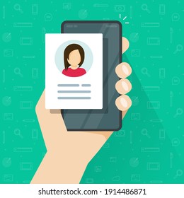 Personal Profile Credentials Data Or Account Photo With Digital Candidate Information Icon On Mobile Cellular Phone Vector Flat Cartoon Illustration, Concept Of Recruitment Cv Document Online