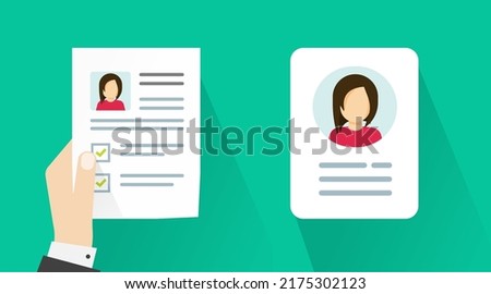 Personal profile data info file vector icon or employee credential account information document flat cartoon illustration, student or customer user id contact details modern cv