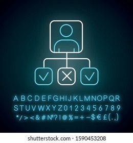 Personal profile neon light icon. Survey results. Data collection. Answer review. Questionnaire report. Correct and wrong. Glowing sign with alphabet, numbers and symbols. Vector isolated illustration