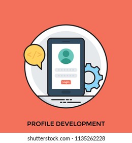 
Personal profile on a mobile screen kept near gears and a chat bubble along showing amazing concept of profile development 
