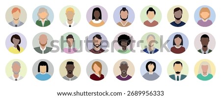 Personal profile of people in a round frame. Set of female and male user faces. Anonymous profile. Unknown person. Vector illustrations.