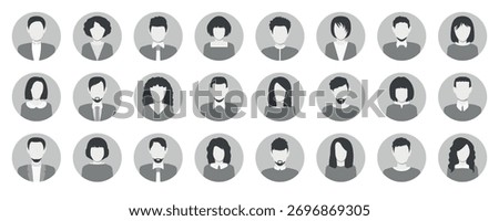 Personal profile of people in a round frame in gray color. Set of female and male faces of users. Unknown profile. Anonymous visitor. Vector illustration.