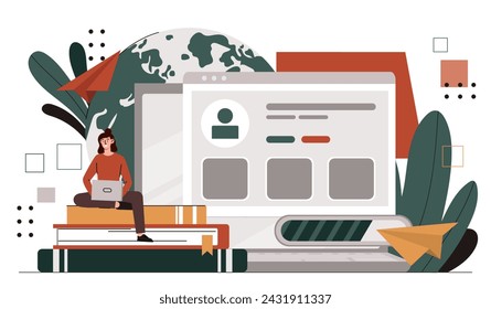Personal profile at website. Woman with account in social networks and messengers. Young girl with laptop logs in her social media profile, authorization. Cartoon flat vector illustration