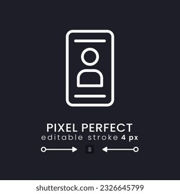 Personal profile white linear desktop icon on black. Mobile authentication. Identity verification. Pixel perfect 128x128, outline 4px. Isolated user interface symbol for dark theme. Editable stroke