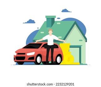 Personal property concept, Human standing with personal car and housing, Digital marketing illustration.