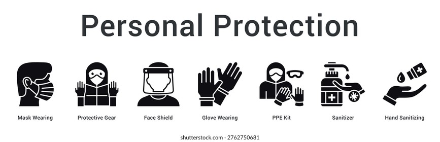 Personal protection banner web icon provides complete PPE equipment from masks to sanitizers for individual safety.
