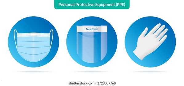 Personal protection equipment icons. Face mask, plastic face shield and latex gloves vector illustration. Medical workers accessories isolated on white background. Corona virus disease protective kit.