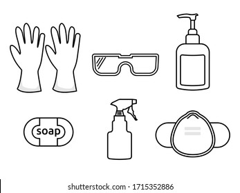 Iconos de equipos de protección personal - mascarilla médica, guantes de látex, jabón, desinfectante de mano, gafas de protección. frasco de spray, contiene 19 artículos de prevención. Línea, símbolos de contorno. Ilustración del vector