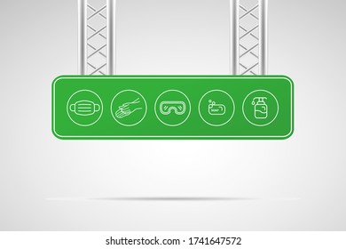 Personal protection equipment icons - medical mask, latex gloves, soap, dispenser, protective glasses. Coronavirus, covid 19 prevention items. Line, outline symbols. Mask icon. Vector illustration