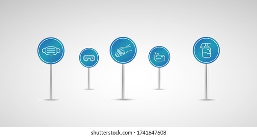 Personal protection equipment icons - medical mask, latex gloves, soap, dispenser, protective glasses. Coronavirus, covid 19 prevention items. Line, outline symbols. Mask icon. Vector illustration