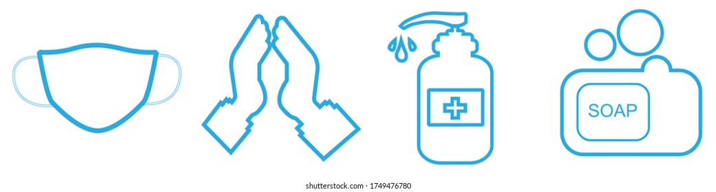 Personal protection equipment icons - medical mask, latex gloves, soap, dispenser. Coronavirus, covid 19 prevention items. Line, outline symbols. Mask icon. Vector illustration