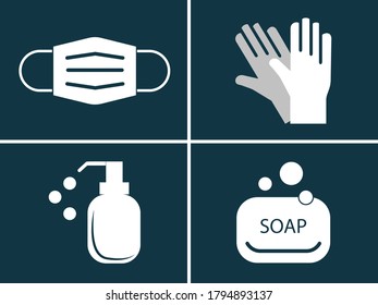 Personal protection equipment icons - medical mask, latex gloves, soap, dispenser, Coronavirus, covid 19 prevention items. icon. Vector illustration