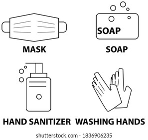 	
Personal protection equipment icons - medical mask, latex gloves, soap, dispenser, protective glasses. Coronavirus, covid 19 prevention items. Line, outline symbols. Mask icon. Vector illustration