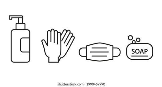 Personal protection equipment icons - medical mask, latex gloves, soap. Coronavirus, covid 19 prevention items. Line, outline symbols. Vector illustration
