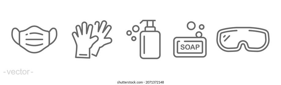 Personal protection equipment icons. Medical mask, latex gloves, soap, dispenser, protective glasses, covid 19 prevention. Outline symbols isolated. Vector illustration. Editable stroke EPS 10