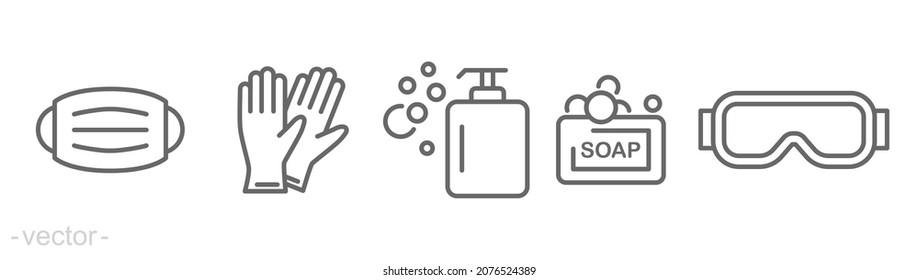 Personal protection equipment icons. Medical mask, latex gloves, soap, dispenser, protective glasses, covid 19 prevention. Outline symbols isolated. Vector illustration. Editable stroke EPS 10