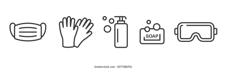 Personal protection equipment icons. Medical mask, latex gloves, soap, dispenser, protective glasses, Coronavirus, covid 19 prevention items. Line, outline symbols isolated. Vector illustration EPS 10