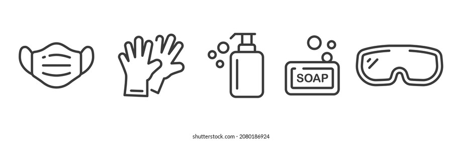 Personal protection equipment icons. Medical mask, latex gloves, soap, dispenser, protective glasses, Coronavirus, covid 19 prevention items. Line, outline symbols isolated. Vector illustration EPS 10