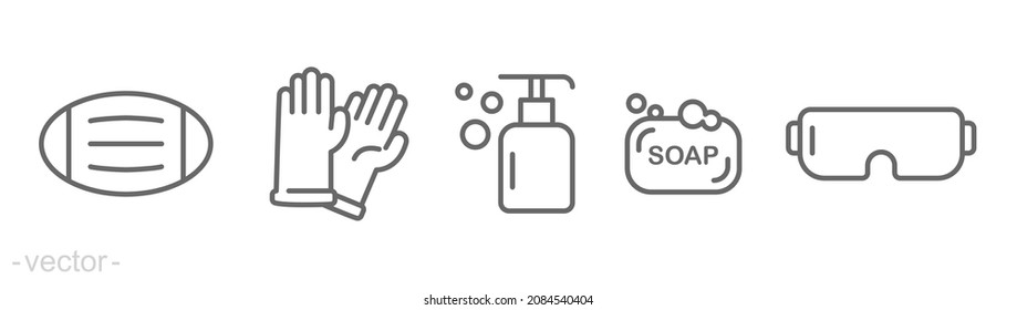 Personal protection equipment icons. Medical mask, latex gloves, soap, dispenser, protective glasses, covid 19 prevention. Outline symbols isolated. Vector illustration. Editable stroke EPS 10