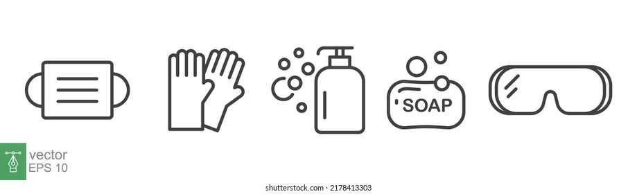 Personal protection equipment icons. Medical mask, latex gloves, soap, dispenser, protective glasses, Coronavirus, covid 19 prevention items. Line, outline symbols isolated. Vector illustration EPS 10