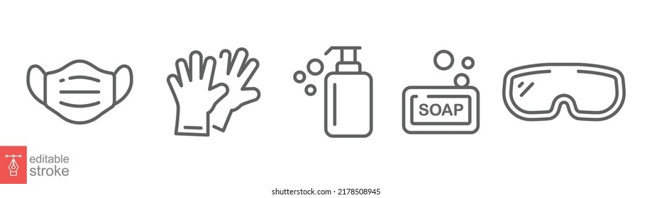 Personal protection equipment icons. Medical mask, latex gloves, soap, dispenser, protective glasses, covid 19 prevention. Outline symbols isolated. Vector illustration. Editable stroke EPS 10