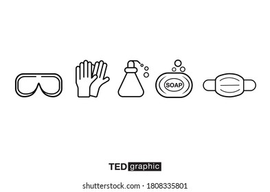 Personal protection equipment icons - protective glasses, latex gloves, dispenser soap, soap, medical mask