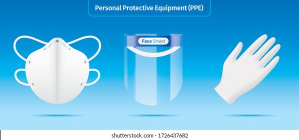 Personal protection equipment kit. Plastic face shield, face mask and latex gloves vector illustration. Medical workers garments isolated on blue background. Novel corona virus protective accessories.