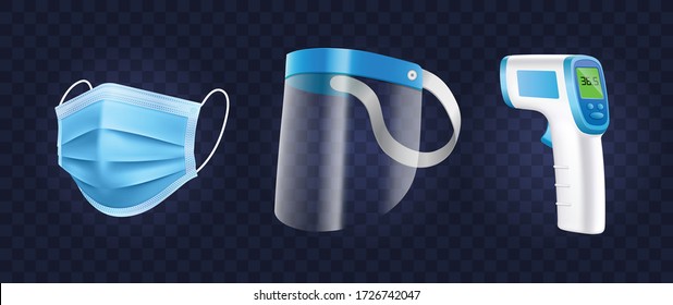 Personal Protection Equipment set. Medical mask, Face shield and infrared thermometer in isolated vector - Shutterstock ID 1726742047
