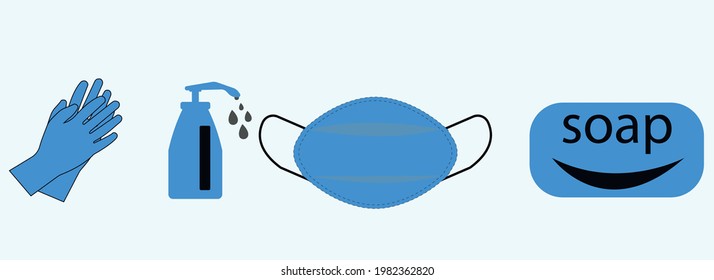 Personal protection equipment vector.Coronavirus, covid 19 prevention concept. Gloves, disinfectant, medical mask, soap.
Health, hygiene concept. Vector design Eps 10.