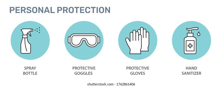 Personal protection icons. Disinfect, antibacterial gel, goggles, gloves, spray bottle vector illustrations.