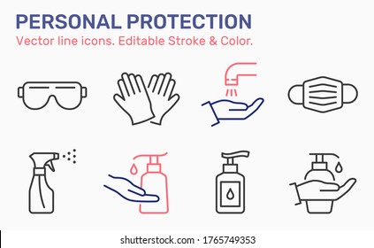 Personal protection icons. Disinfect, antibacterial gel, goggles, gloves, spray bottle vector illustrations. Editable stroke.