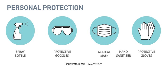 Personal protection icons. Disinfect, antibacterial gel, goggles, gloves, spray bottle vector illustrations.