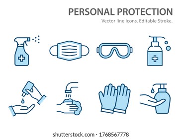 Personal protection icons. Disinfect, antibacterial gel, goggles, gloves, spray bottle vector illustrations. Editable stroke.