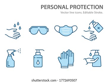 Personal protection icons. Disinfect, antibacterial gel, goggles, gloves, spray bottle vector illustrations. Editable stroke.