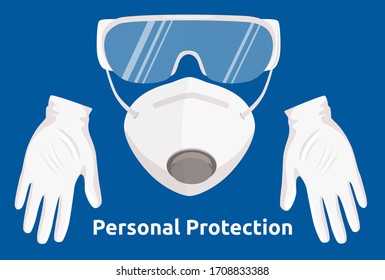 Personal Protection kit. Personal virus protective medical equipment including respiratory mask, glasses, gloves. Icon set vector illustration