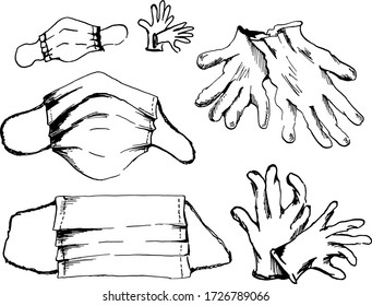 personal protection masks and gloves. set of ink hand drawn sketches. vector illustration