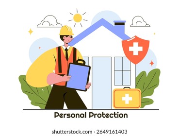 Personal Protection Vector Illustration Featuring Safety Equipment with a Construction Industrial Worker and Construction Tools in a Flat Background
