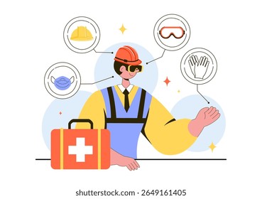 Personal Protection Vector Illustration Featuring Safety Equipment with a Construction Industrial Worker and Construction Tools in a Flat Background