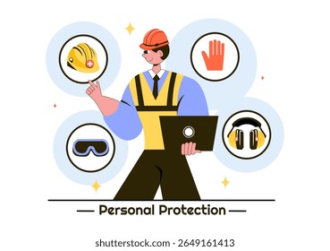 Personal Protection Vector Illustration Featuring Safety Equipment with a Construction Industrial Worker and Construction Tools in a Flat Background
