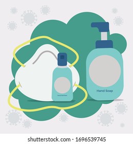 Personal Protection from virus vector illustration. Hand soap, Mouth mask and hand sanitizer