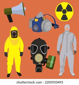 Personal protective equipment against radiation. Set with protective suit, megaphone, radiation sign, gas masks. Isolated elements vector illustration