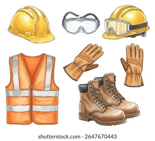 Coleção de equipamentos de proteção individual usados na construção: coletes de segurança laranja, chapéus duros amarelos, luvas, botas de aço, óculos. Perfeito para manuais de segurança, cartazes do local de trabalho. Clipart de vetor
