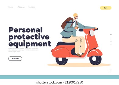 Personal Protective Equipment Concept Of Landing Page With Man Riding Motorcycle. Male Motorcyclist On Electric Scooter Bike Wearing Helmet. Guy Motorbike Rider. Cartoon Flat Vector Illustration