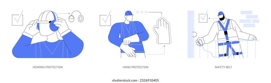 Personal protective equipment at construction site abstract concept vector illustration set. Hearing protection, hand protective gloves, safety belt, building accident prevention abstract metaphor.