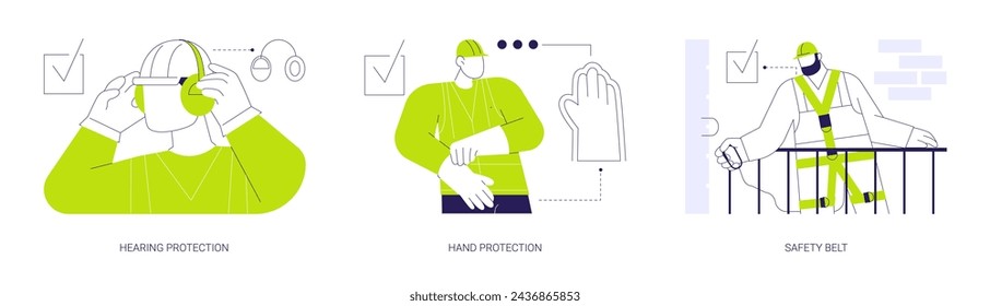 Personal protective equipment at construction site abstract concept vector illustration set. Hearing protection, hand protective gloves, safety belt, building accident prevention abstract metaphor.