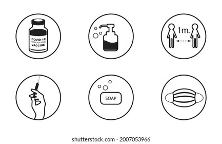 Personal protective equipment icon. Medical mask. Soap. Coronavirus, covid 19 prevention items. Lines, outline symbols. Black and white. Mask icon. Vector illustration. concept of protection