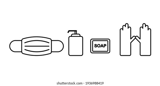 Personal protective equipment icons - medical mask, hand sanitizer, soap, gloves. Coronavirus 19 protector, a covid prevention item. Lines, outline symbols. Vector illustration of a mask, hand sanitiz