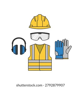 Personal protective equipment including hard hat vest and goggles. Yellow hard hat, clear goggles, blue ear muffs, yellow reflective vest, and work gloves arranged vertically in a flat style. Ideal for safety training manuals or construction posters.
