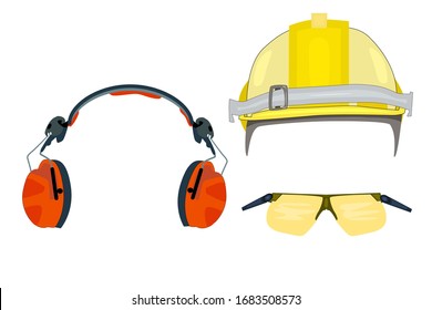 Personal protective equipment for industrial security, safety glasses, helmet, headphones isolated on white background. Set of protective gear icons for mobile concept and web apps. Stock vector